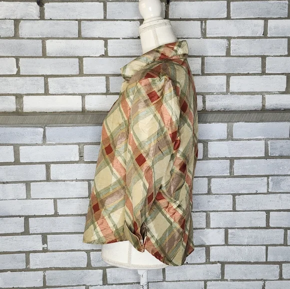 • Selene Sport Women's 3/4 Sleeve Plaid Button Up Blouse Medium Gold Multicolor - Picture 4 of 11